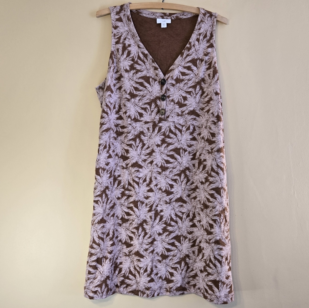 J Jill Dress Womens Medium Sleeveless Shift Pockets Travel Tropical Boho Brown